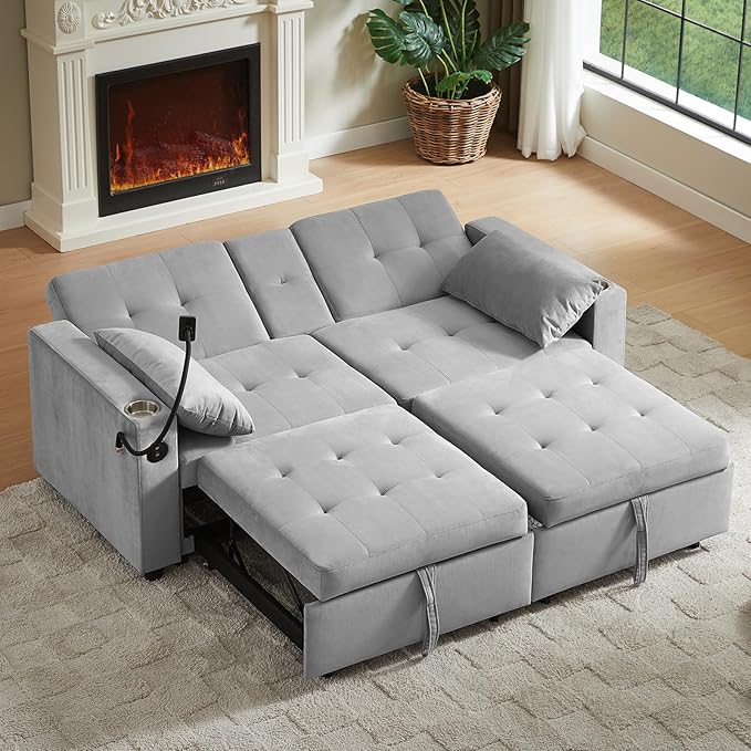 70" Queen Size Sofa Bed for Living Room – Pull-Out Sleeper Sofa Couch with Cup Holder, Phone Holder, USB Charging Port, Solid Wood Frame, Easy Assembly, Space-Saving Design for Small Apartments