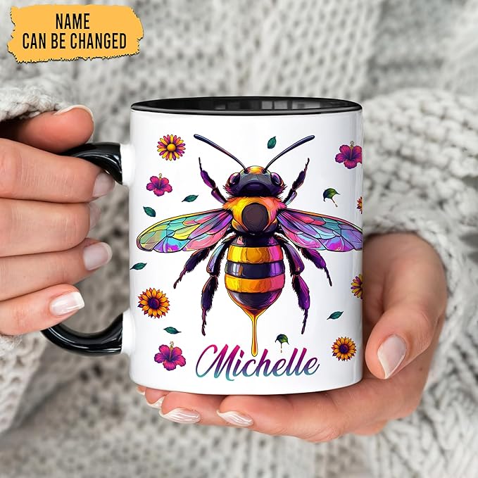 Hyturtle Personalized Colorful Bee Mug - Bee Keeper Gifts For Women Lovers Teacher - Honey Gifts For Beekeeper Farmer On Birthday - Queen Honeycomb Decor - Custom Coffee Cup Ceramic Mug 11 Oz 15 Oz