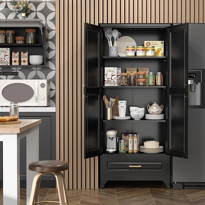 75" Kitchen Pantry Cabinet with Drawer, Metal Storage Cabinets with Doors and 4 Adjustable Shelves,Black Kitchen Cabinet with 2 Gold Handles,Food Cupboard for Livingroom,Pantry