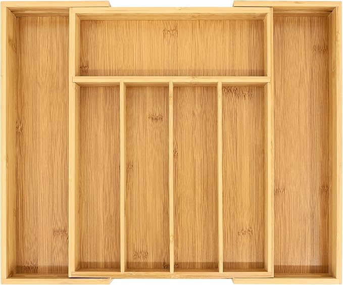 VaeFae Bamboo Drawer Organizer, Expandable Silverware Drawer Organizer, Cutlery Tray with Dividers for Kitchen Utensils, Medium