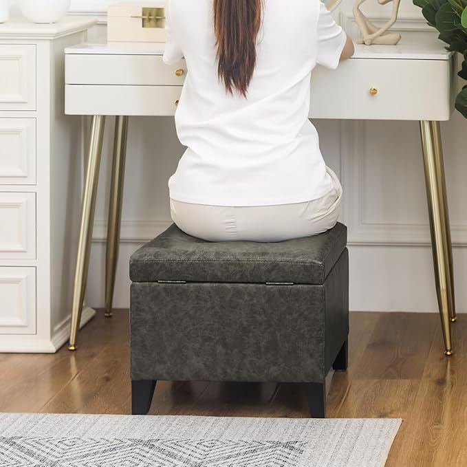 Adeco Faux Leather Storage Ottoman Bench with Wood Legs, 17.7" Square Mixed Grey PU Cube Foot Stool, Upholstered Button Tufted Vanity Chair with Hinged Lid for Living Room, Bedroom, Dorm