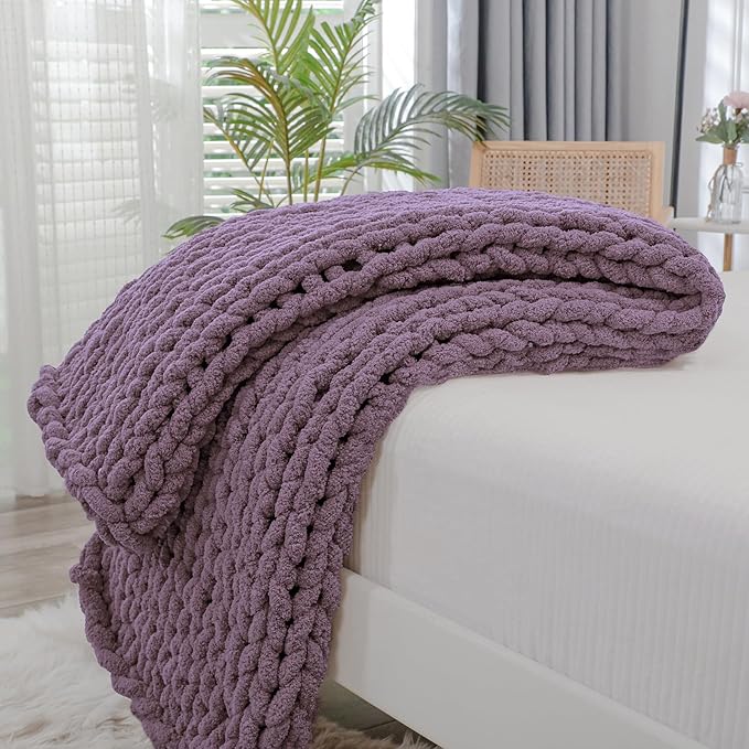 Bigacogo Chunky Knit Throw Blanket for Couch, 40x40 inches, 100% Hand Knitted with Thick Jumbo Chenille Yarn, Cozy Soft Large Rope Knot Cable Crochet Blankets for Sofa Bed Living Room, Winter Grape