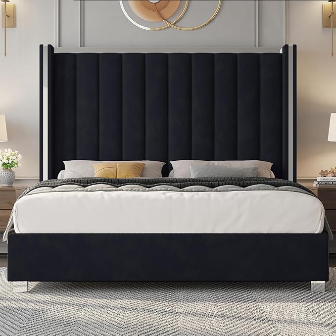 Jocisland Queen Size Bed Frame with 58" Tall Headboard, Velvet Upholstered Platform Bed with Channel Tufted Wingback Headboard and Plating Trim, No Box Spring Needed, Black