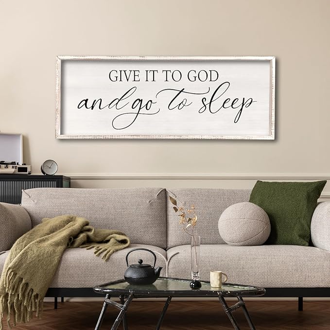 comurdyo Give It To God And Go to Sleep Sign 32''×12'' Master Bedroom Above Bed Wall Decor Wood Framed Couple Large Farmhouse Guest Room Rustic Simple Over Bedside Wall Art Hanging Decor (White)