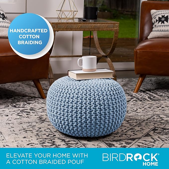 BIRDROCK HOME Round Pouf Ottoman | Cotton Braided Foot Stool with Bean Bag Filling | Boho Foot Rest for Living Room & Bedroom | Compact & Comfortable Seating, Lightweight & Soft | Soft Blue