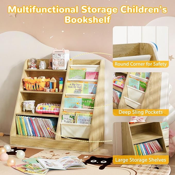 Kids Bookshelf, 4-Tier Kids Wooden Bookshelf with Toy Storage Montessori Toy Shelf, 32”L x 16”D x 32”H Nursery Bookshelves Childrens Bookcase Baby Toddler Book Shelf for Kids Rooms Clearance