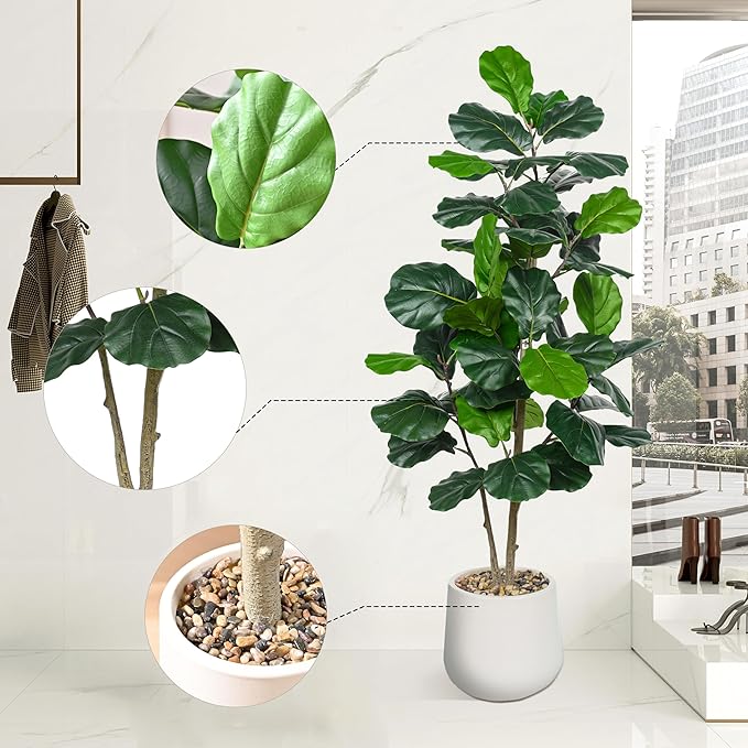 Artificial Fiddle Leaf Fig Tree 5FT, Large Realistic Faux Ficus Lyrata Plant with Pot Large Faux Plant for Indoor Outdoor Home, Office, Living Room, Bathroom Decor
