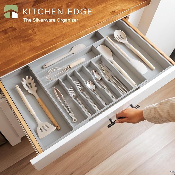 Premium Silverware, Flatware and Utensil Organizer for Kitchen Drawers, Food-Safe Contract Grade, Expandable from 18 to 33 In, Gray Bamboo