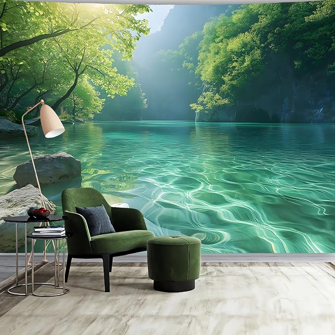 BSFHH Nature Tapestry Forest Tree Sea Cave Wall Hanging, Stream Through Rainforest Landscape Wall Art Tapestry for Bedroom Living room (Lake View, 90"×70", Unframed)