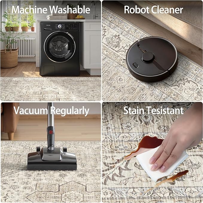 DCX Machine Washable Brown and Beige Area Rug 5x7, Non Slip Stain Resistant Vintage Floral Rug for Living Room Bedroom Nursery, Soft Low Pile Large Carpet