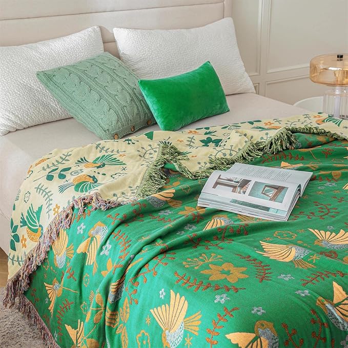 Green Summer Blanket 60''x 80'' Boho Throw Blankets for Couch Bed Chair,100% Cotton Quilts Christmas Warm Soft Blanket Muslin Bed Blankets Farmhouse Decoration