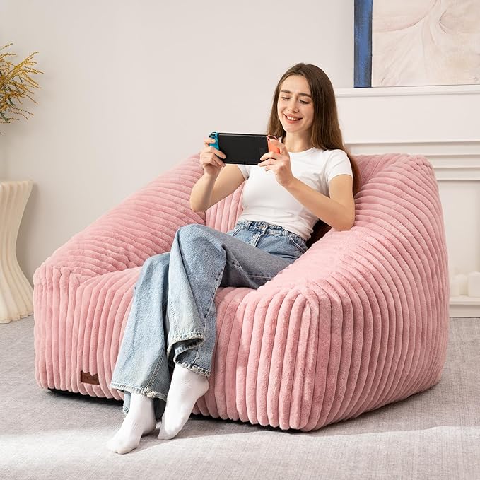 HABUTWAY Bean Bag Chair, Giant Bean Bag Chairs for Adults and Kids, Bean Bag Sofa, Lazy Floor Sofa, Faux Fur Beanbag Chair with Armrests for Living Room Bedroom (Pink)