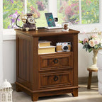 18" Farmhouse Night Stands Set of 2 with Charging Station, 2 Drawers End Table Dresser for Bedroom, Brown Wooden Nightstand, Bed Side Table with Open Shelf, Bedside Cabinet for Living Room