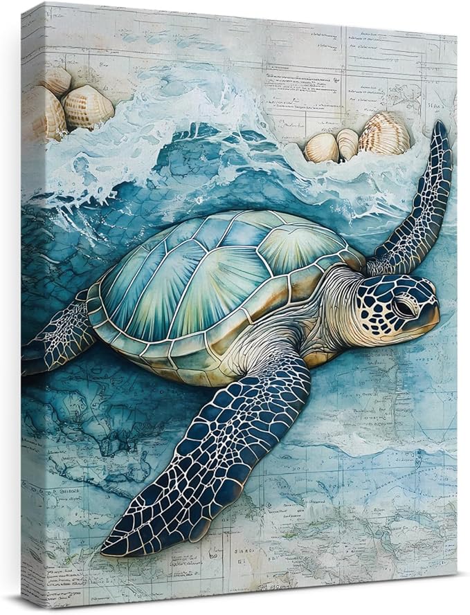 Coastal Sea Turtle Canvas Wall Art Turtle Nautical Ocean Theme Print Poster Framed Picture Painting for Home Beach House Bedroom Wall Decor 11x15 Inch