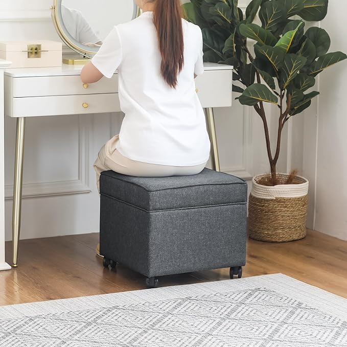 Adeco 17.5" Square Fabric Ottoman with Storage, Upholstered Cotton Linen Foot Rest, Flip Top Footstool, Small Cube Coffee Table Extra Seat for Living Room, Bedroom, Grey with Rolling Legs