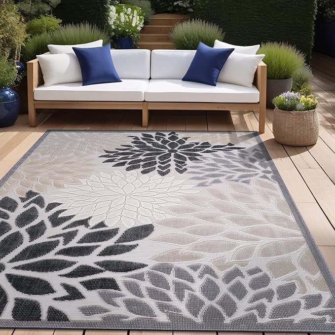 Beverly Rug Outdoor Rug 9x12 Large Modern Floral Tropical Area Rugs for Indoor and Outdoor Patio Easy to Clean Non Shedding Living Room Porch Garden Washable Outside Carpet (9 x 12 Beige)