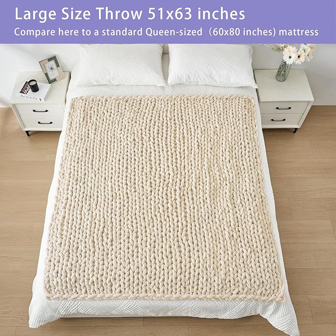 Bigacogo Chunky Knit Throw Blanket for Couch, 51x63 inches, 100% Hand Knitted with Thick Jumbo Chenille Yarn, Cozy Soft Large Rope Knot Cable Crochet Blankets for Sofa Bed Living Room, Beige
