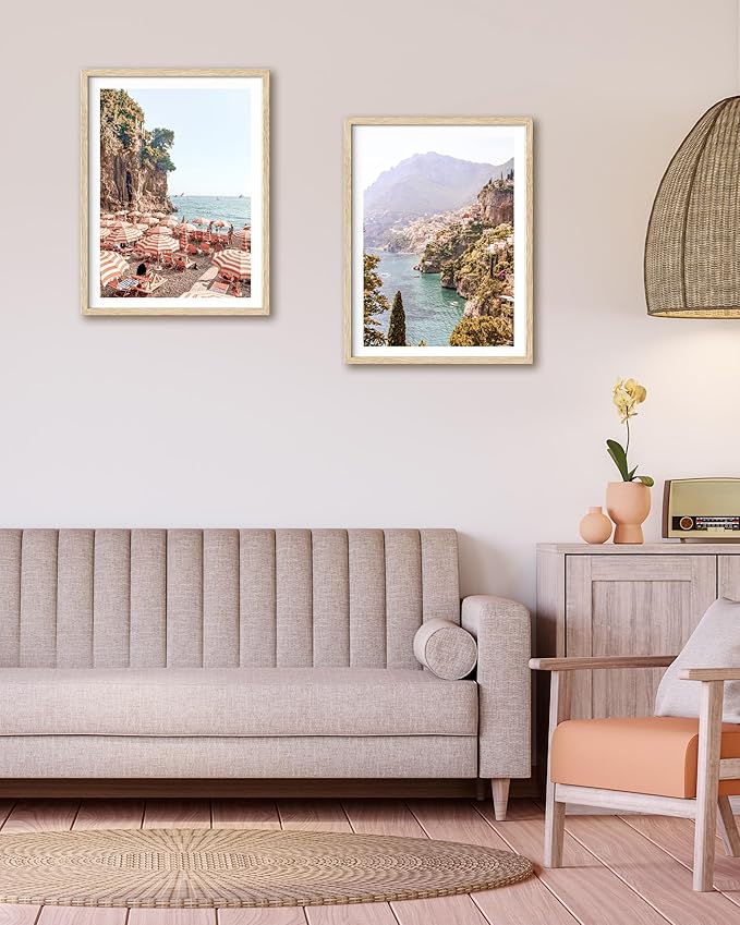 HesenDot Natural OAK Wood Framed Italy Coastal Wall Art,12x16in Amalfi Coast Canvas Wall Print,Positano Seascape Boho Poster Wall Decor for Living Room,Bedroom,Office Gallery Set of 1