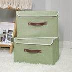 ANMINY 2PCS Storage Bins with Lid PU Leather Handles Storage Boxes PP Plastic Board Decorative Foldable Lidded Cotton Linen Fabric Home Cubes Baskets Closet Organizer Containers - Green, Large Size