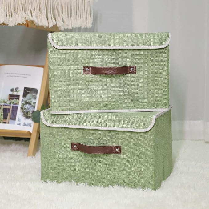 ANMINY 4PCS Storage Bins with Lid PU Leather Handles Storage Boxes PP Plastic Board Decorative Foldable Lidded Cotton Linen Fabric Home Cubes Baskets Closet Organizer Containers - Green, Large Size