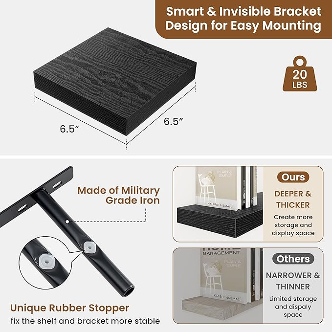 fuqing Floating Shelves for Wall, Bathroom Shelf Wall Mounted for Storage, Shelves with Invisible Bracket for Bedroom, Kitchen, Living Room, Farmhouse Small Book Shelf, 6.5 Inch Set of 3, Black