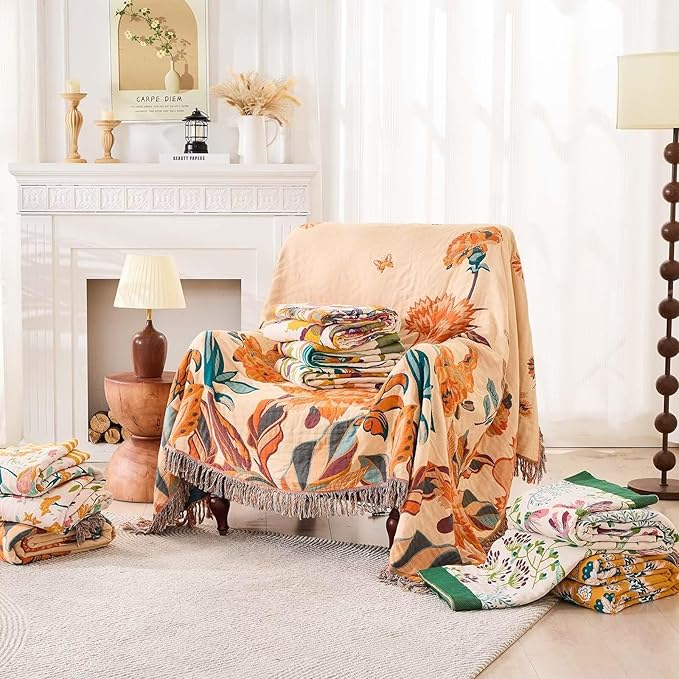 Boho Throw Blanket for Bed, 100% Cotton Soft Rustic Quilt Fall Blanket, 60"x80" Floral Printed Farmhouse Decor Bed Blankets, All Season Rustic Reversible Bohemian Throw Quilt