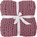 Bigacogo Chunky Knit Throw Blanket for Couch, 40x60 inches, 100% Hand Knitted with Thick Jumbo Chenille Yarn, Cozy Soft Large Rope Knot Cable Crochet Blankets for Sofa Bed Living Room, Burnt Rose