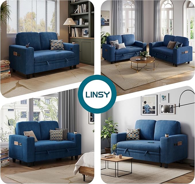 LINSY HOME Loveseat Sofa with Pull Out Couch Chaise: 2-in-1 Convertible 2 Seater Sofa with USB Charging & Cup Holders, Comfy Plush Corduroy Love Seat for Small Spaces Living Room Apartment, Blue