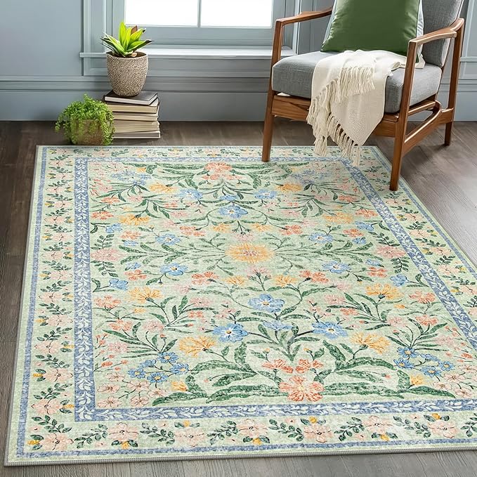 Wonnitar Machine Washable 5x7 Area Rug, Boho Floral Rugs for Living Room Non-Slip, Soft Pink and Green Flower Ultra-Thin Non Shedding Carpet for Bedroom Dining Room Nursery
