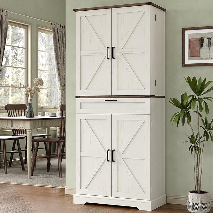 72'' Kitchen Storage Pantry Cabinet, Tall Storage Cabinet with 8 Door Shelves, 2 Cabinets and 1 Drawer, Freestanding Cupboard for Kitchen, Dining Room, Bathroom, Laundry, Off White