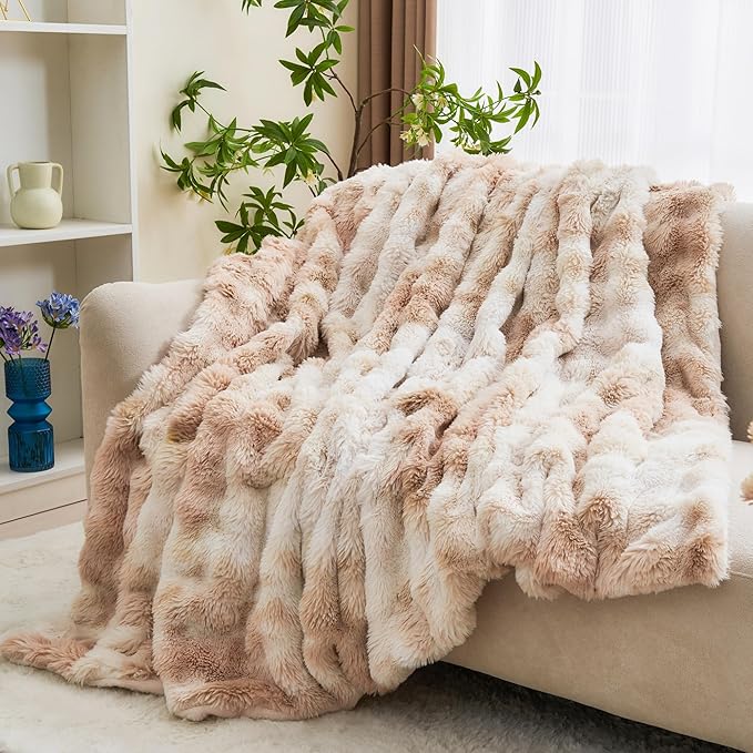 RYNGHIPY Faux Rabbit Fur Bed Throws Fluffy Warm Throw Blanket for Sofa Couch Soft Plush Decorative Blanket Thick and Heavy Cute Bubble Furry Blanket (Light Tan, 63''x79'')