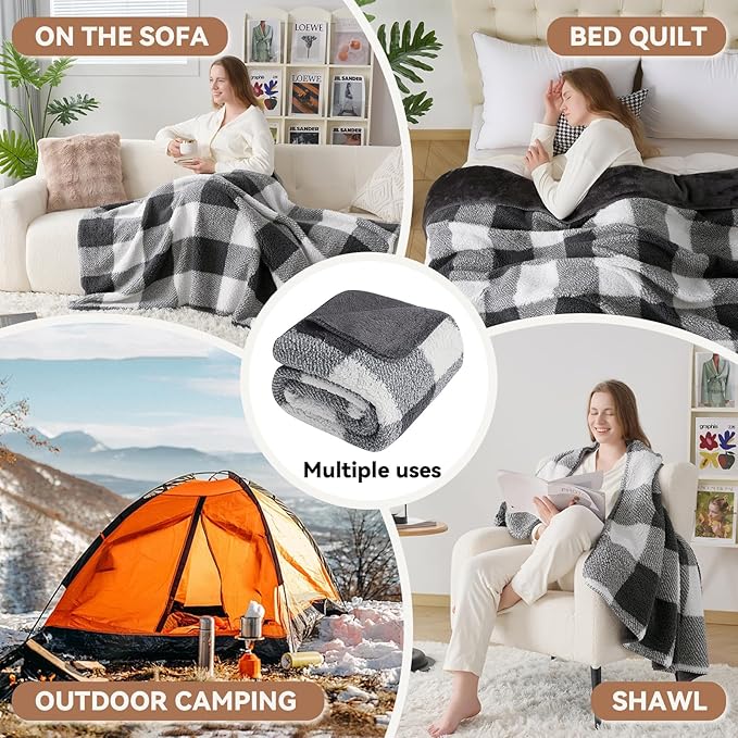 LURKA Checkered Sherpa Fleece Throw Blanket - Extra Thick and Warm Winter Soft Fuzzy Plush Blanket for Couches, Beds & Pets, Smoke Grey, 50x60 Inches