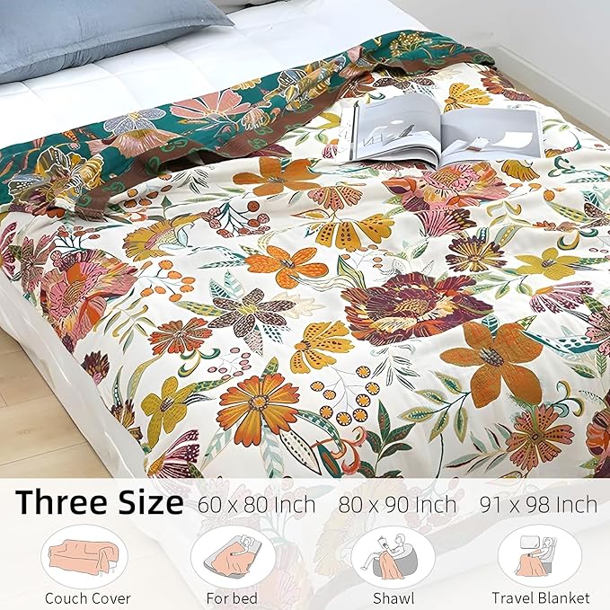 Boho Throw Blanket for Bed - 100% Pure Cotton Ultra Soft Rustic Quilt - Farmhouse Decor Bed Blankets, All Season Rustic Throw for Sofa Couch Chair(91''x 98'', Floral Blossom)