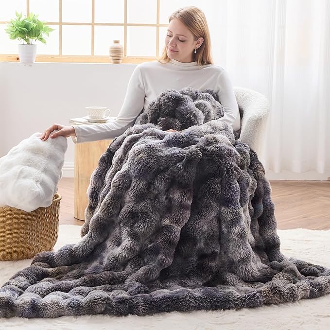 NEWCOSPLAY Faux Fur Twin Blanket Tie-dye Grey Luxury Fluffy Thick Warm Bubble Blanket for Couch Sofa Bed 700GSM (Tie-dye Grey, Twin(60"x80"))