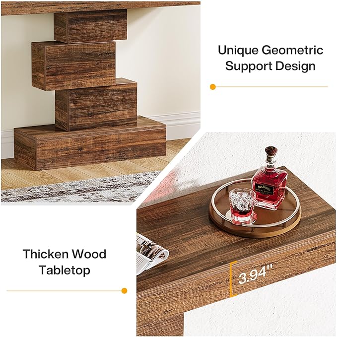 Tribesigns 42.5" Farmhouse Console Table, Narrow Wood Sofa Table Behind Couch with Geometric Base, Industrial Entryway Accent Table for Living Room, Hallway, Entrance (Rustic Brown)