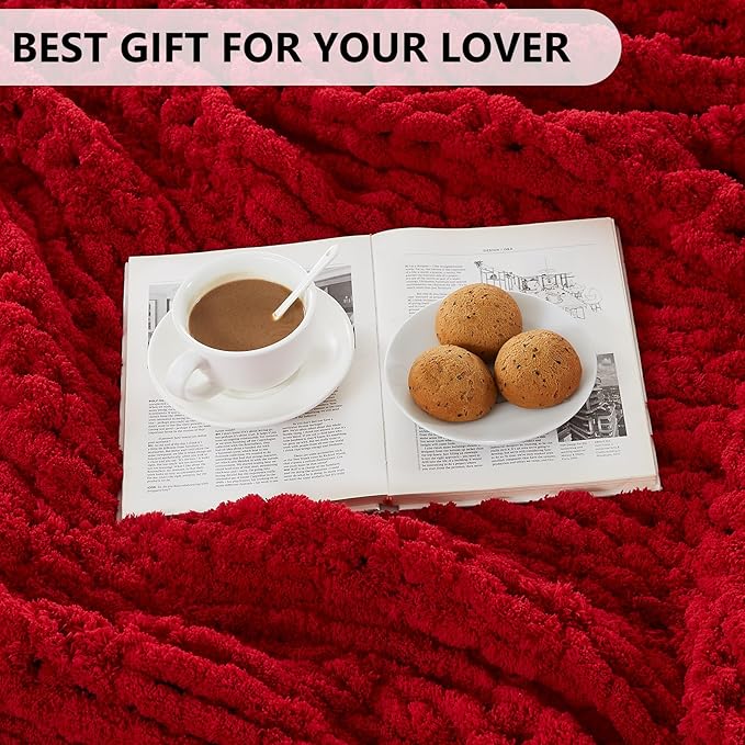 L'AGRATY Chunky Knit Blanket Throw - Soft Chunky Throw Blanket 30x40: 100% Hand Kintted Chenile Crochet Blanket Large Cable Knit Chunky Blanket - Rope Knot Throw Blanket for Couch Home Decor(Red)