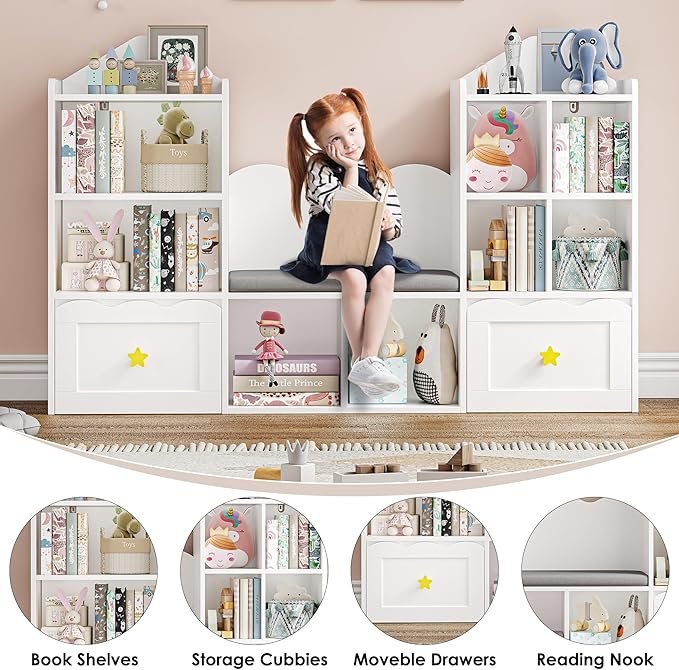 Kids Bookshelf with Reading Nook, Kids Bookcase with Soft Cushion Seat, 2 Wheels Drawers and 8 Storage Cubbies, Toy Storage Organizer for Kid's Room Playroom, Bedroom, School, White