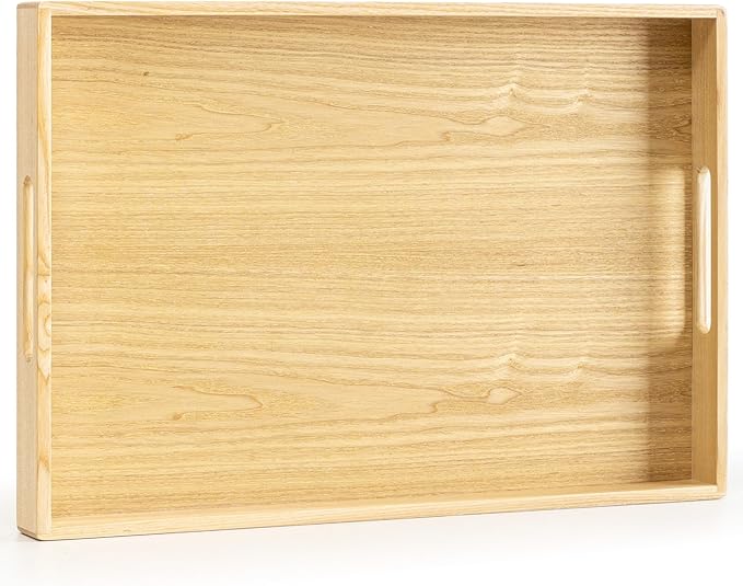 Axeman Wooden Serving Tray with Wood Handles|Ottoman Tray for Breakfast, Bed, Couch|17x12in Ash Wood Coffee Table Trays|Food Drinks Decorative Storage Boards for Ottoman Kitchen, Natural