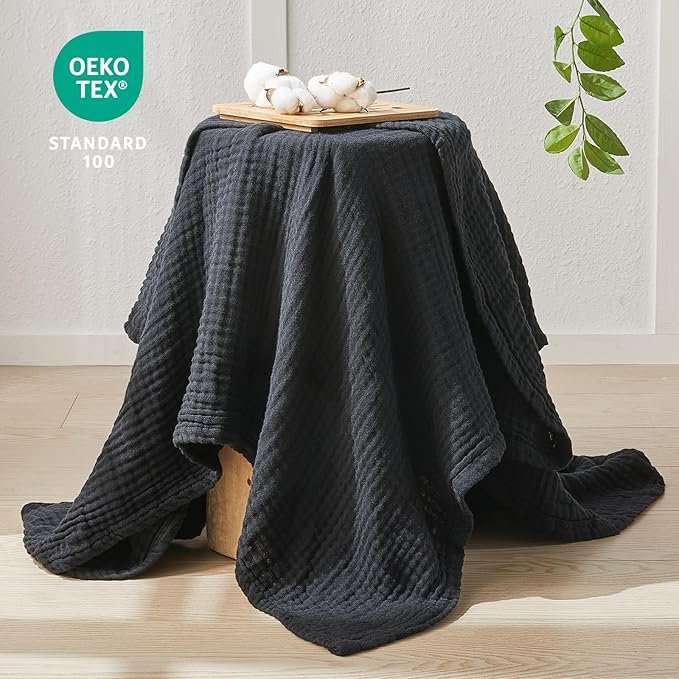 EMME Cotton Muslin King Blanket Bed Layering Breathable Gauze Blanket Soft Lightweight Blankets Adults (Black, 108"x90")