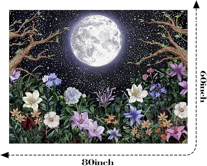 Neasow Aesthetic Moon Garden Tapestry Wall Hanging, Night Landscape with Colorful Plants Floral Tapestries for Bedroom Home Decor Multi Color 60×80 inch (150cm×200cm)