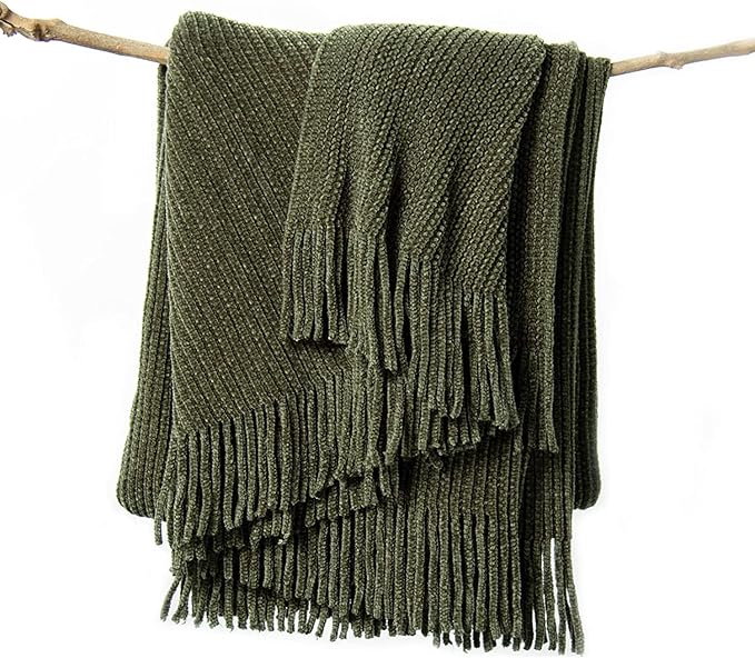 lifein Throw Blanket for Couch, Soft Green Boho Decor Bed Throw,Cozy Knitted Chenille Farmhouse Lightweight Throw for Spring(Olive Green,60 * 80")