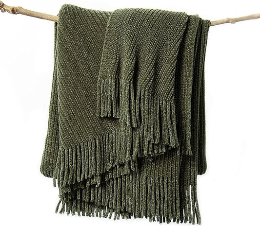 lifein Throw Blanket for Couch, Soft Green Boho Decor Bed Throw,Cozy Knitted Chenille Farmhouse Lightweight Throw for Spring(Olive Green,60 * 80")