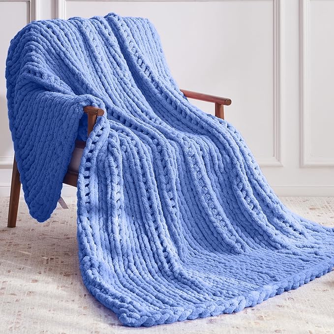 Chunky Knit Throw Blanket, 60''*80'' Knitted Throw Chenille Yarn for Bed Couch, Handmade Light Blue Crochet Big Thick Blanket, Machine Washable Cute Comfy Blanket for Home Decor