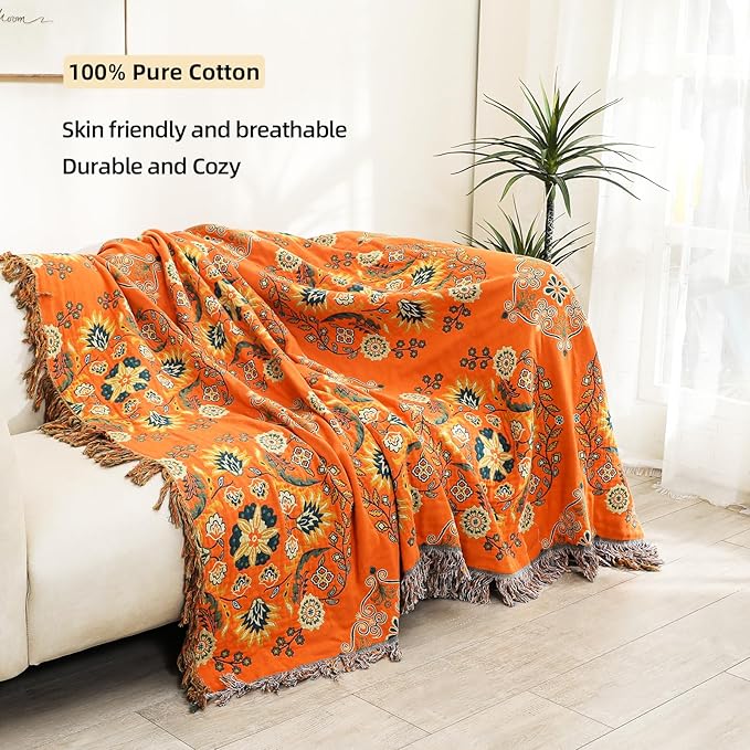 Boho Large Throw Blanket, 100% Organic Cotton Breathable Soft Bed Throw - Floral Farmhouse Decor Blanket for Sofa Couch Chair and Gift. 91" x 98"- Orange