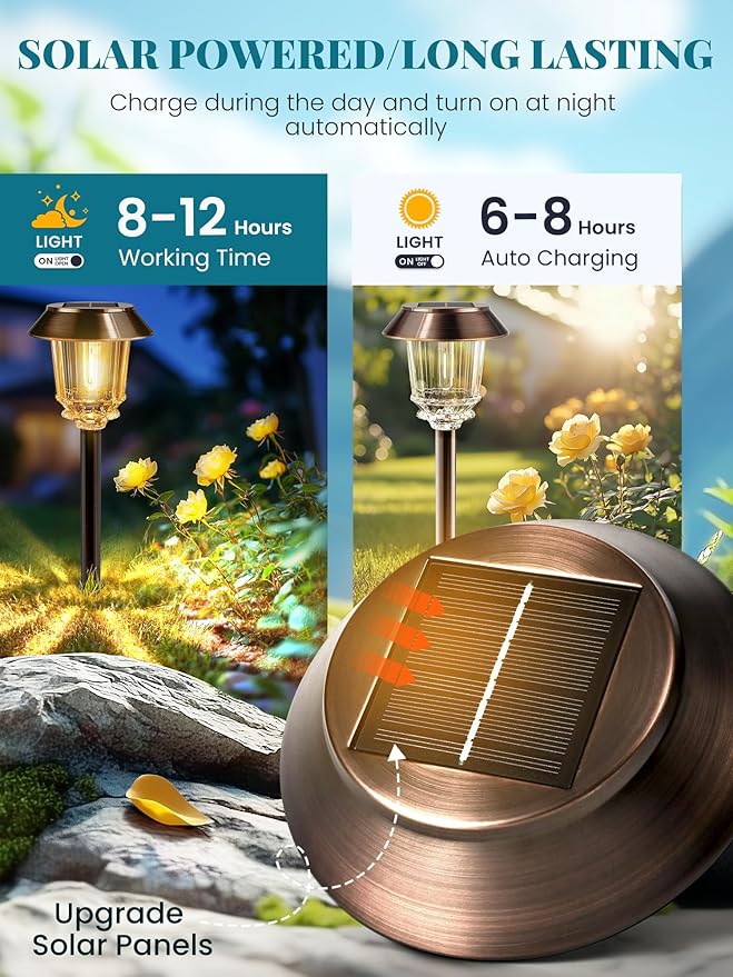 Solar Lights Outdoor Waterproof,4 Pack Bronze Pathway Lights with 10-40 LM Dimmable Glass and Metal, Solar Powered Garden Fall Decor for Yard,Patio,Pathway,Driveway(Warm White)