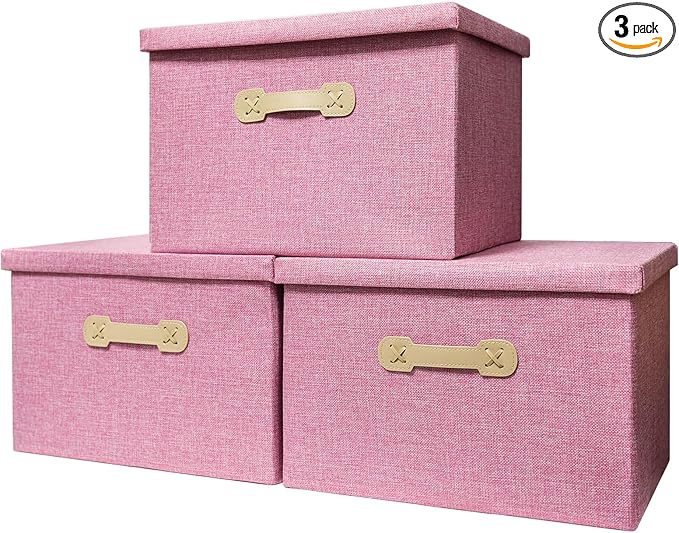 Enzk&Unity Decorative Storage Bins with Lids, Fabric Linen Foldable Storage Box with Handle Home Organizer for Shelf, Closet, Bedroom, Living Room, Office, 3 Packs, Pink