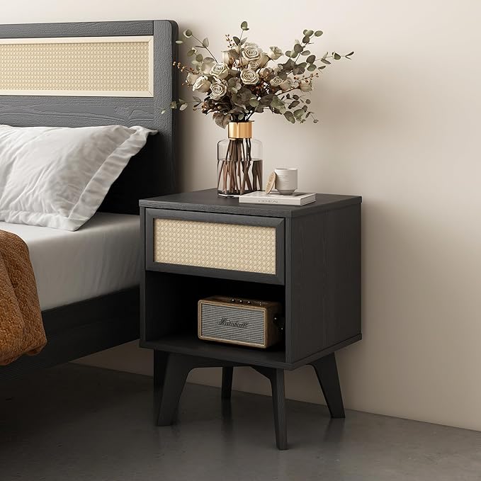 MUSEHOMEINC Nightstand, Boho Bedside Table with Rattan Drawer Open Shelf, Black Wooden Night Stand with Storage, Mid Century Modern End Table for Bedroom, Living Room,Dorm and Small Spaces