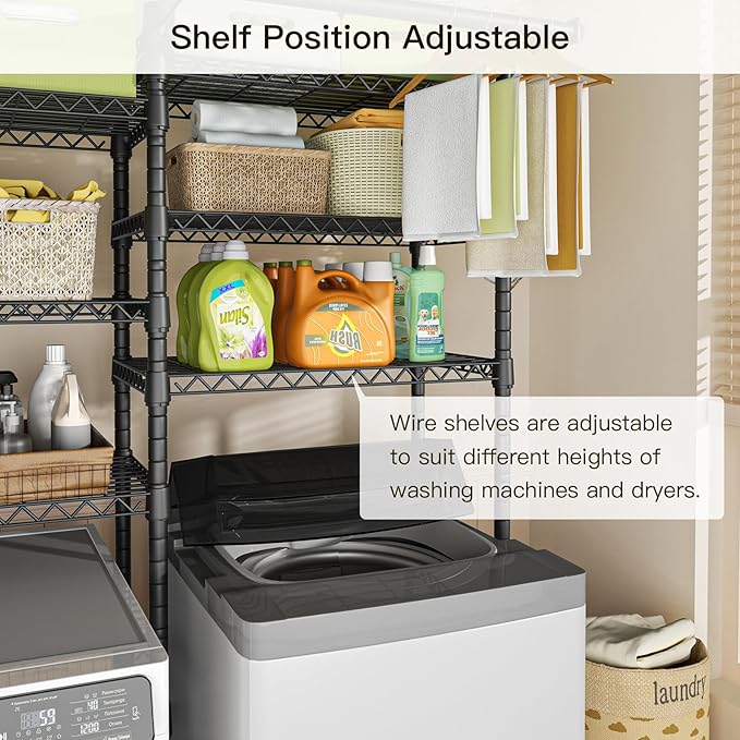 Ulif U13 Over Washer and Dryer Storage Shelves, 6 Tiers Laundry Room Standing Shelf with 2 Hanger Rods, Space Saver Clothes Drying Rack, 63.4" W x 22" D x 77.4" H, Black