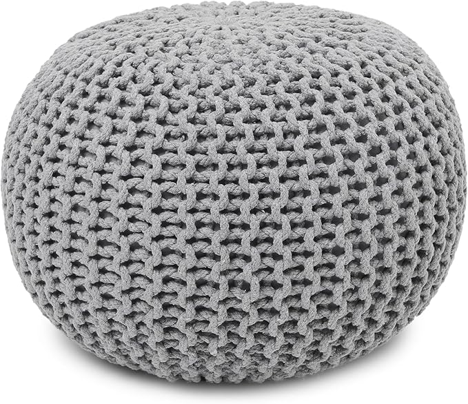 REDEARTH Round Boho Pouf Ottoman - Cable Knitted Cord Boho Pouffe - Stuffed Poof Accent Beanbag Footrest for Living Room - Nursery - Bedroom - Covered Patio - Study Nook (19.5"x19.5"x14") - Gray