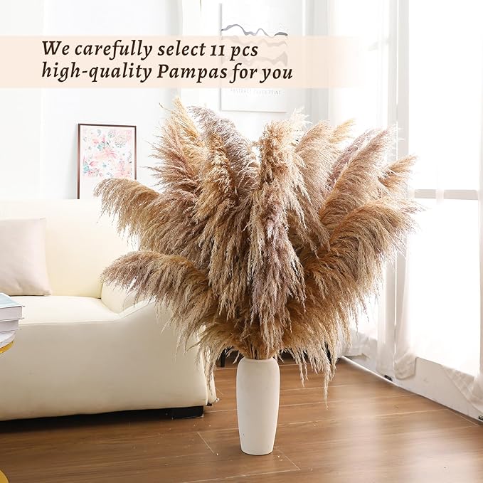 46" inch 11 Stems Natural Pampas Grass Tall Decor,Pompas Grass,Large Borwn Tall Pampas Grass for Floor Vase,Wedding Decorations,Party,Boho Home Decor,and Creating a Boho Ambiance